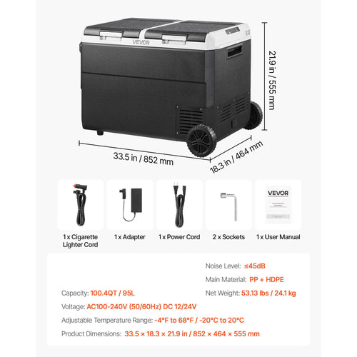 12 Volt Car Refrigerator, 100.4QT/95L Car Fridge, Dual Zone Portable Electric Cooler with Wheels and Handle, -4℉~68℉, 12/24V DC 100-240V AC Compressor Freezer for Outdoor, Camping, Travel, RV