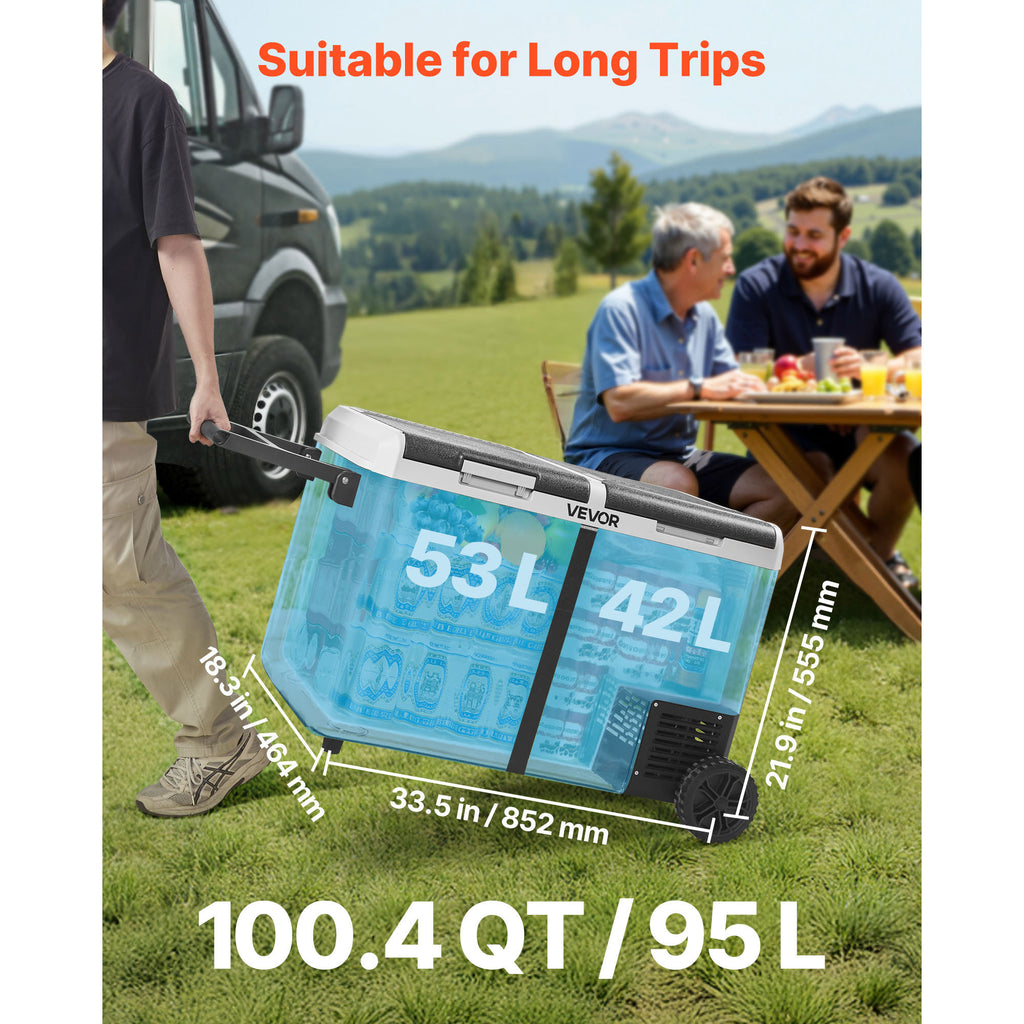 12 Volt Car Refrigerator, 100.4QT/95L Car Fridge, Dual Zone Portable Electric Cooler with Wheels and Handle, -4℉~68℉, 12/24V DC 100-240V AC Compressor Freezer for Outdoor, Camping, Travel, RV