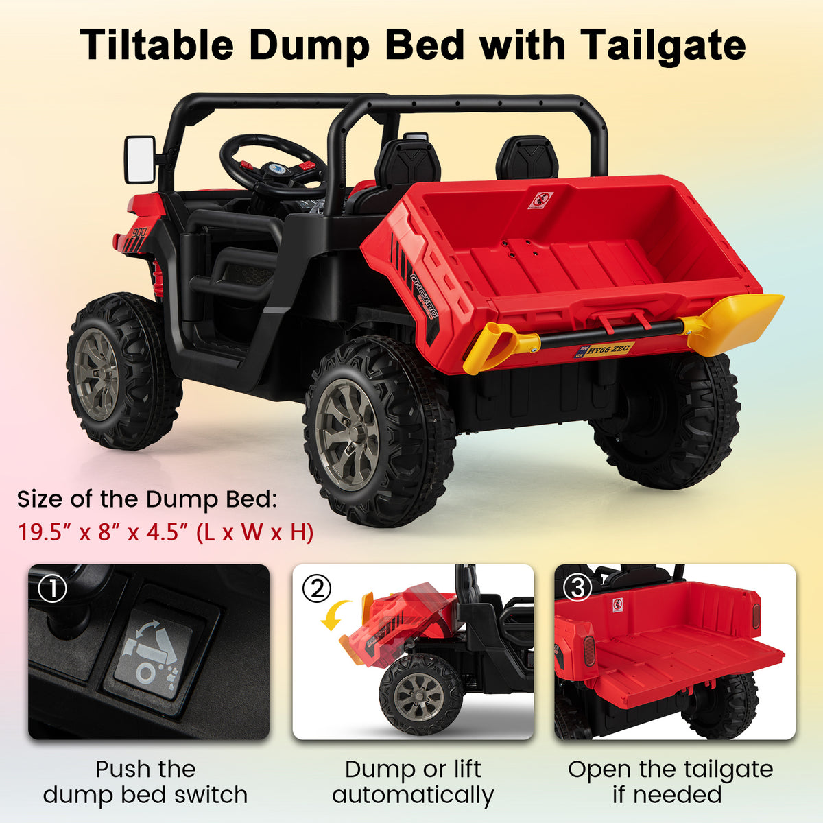 2-Seater Kids Ride on Dump Truck, 12V Powered Electric Car UTV with Dump Bed & Shovel, 2. 4G, Wireless Connection, Rocking Mode, Headlights & Music, for Boys Girls