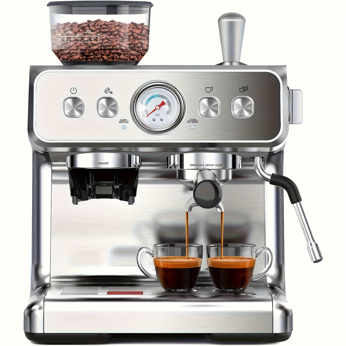 20 Bar Espresso Machine with Milk Frother Steam Wand, 58mm Expresso Coffee Machines, Commercial Stainless Steel Coffee Maker for Cappuccino and Latte, Perfect for Home & Office, Brushed Stainless Steel, (2 Model:Semi-Automatic/with Grinder Available)