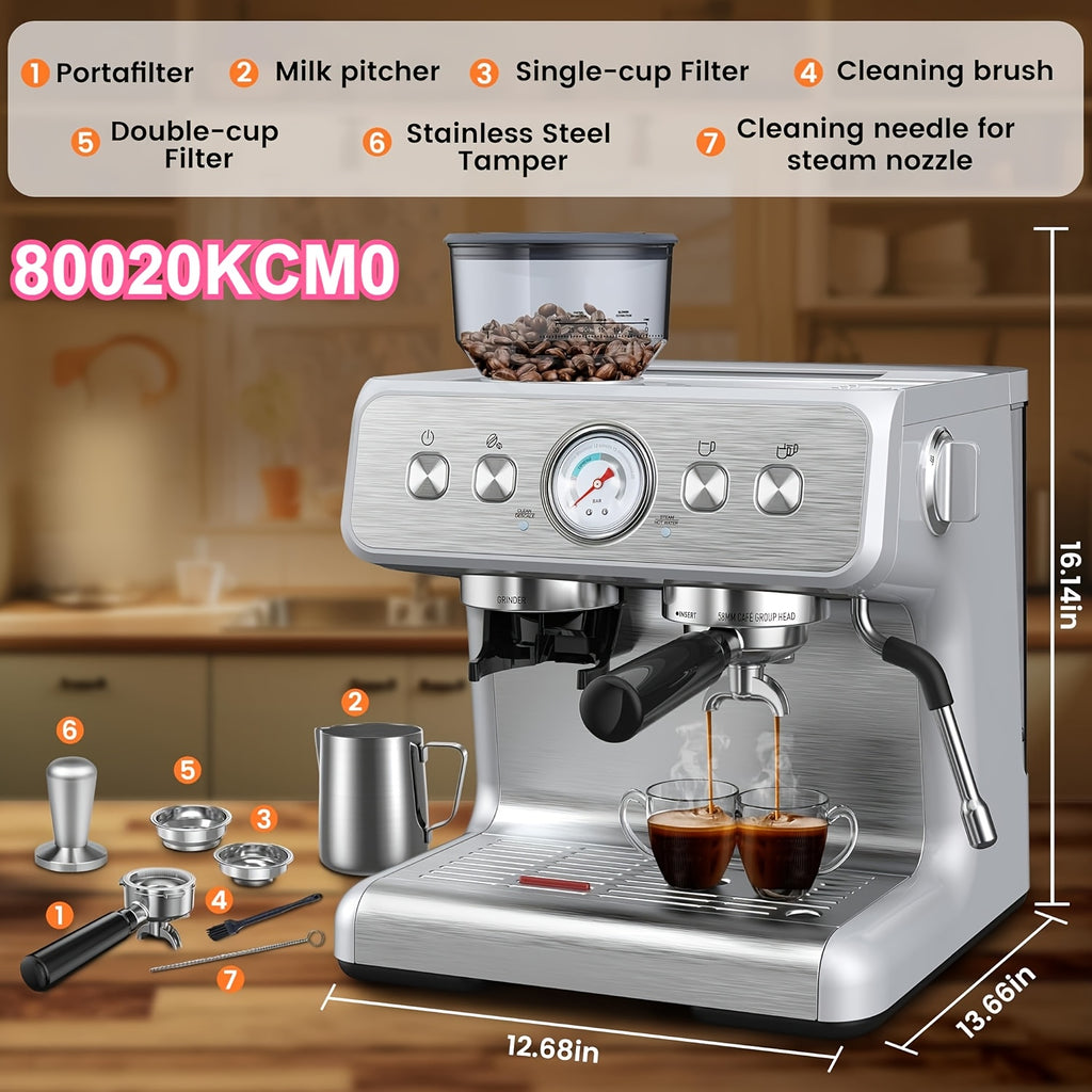 20 Bar Espresso Machine with Milk Frother Steam Wand, 58mm Expresso Coffee Machines, Commercial Stainless Steel Coffee Maker for Cappuccino and Latte, Perfect for Home & Office, Brushed Stainless Steel, (2 Model:Semi-Automatic/with Grinder Available)