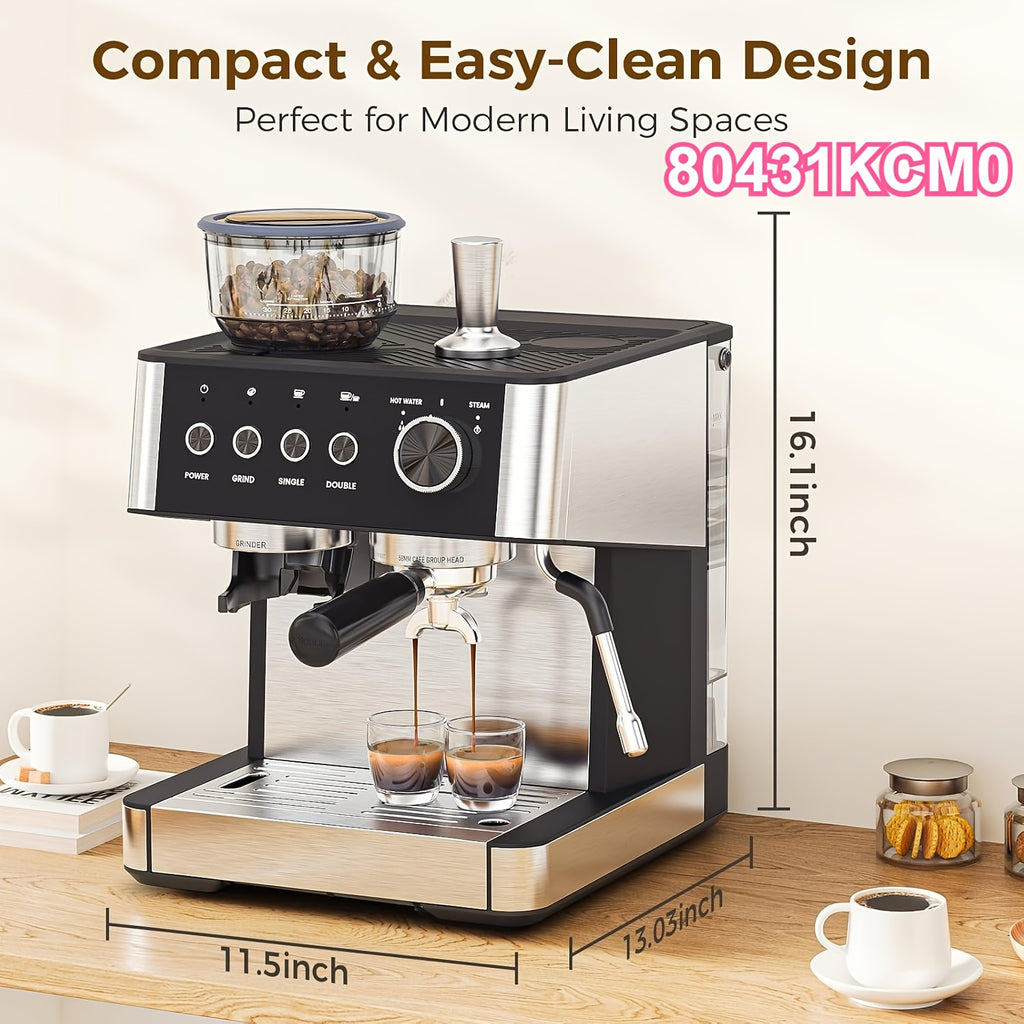 20 Bar Espresso Machine with Milk Frother Steam Wand, 58mm Expresso Coffee Machines, Commercial Stainless Steel Coffee Maker for Cappuccino and Latte, Perfect for Home & Office, Brushed Stainless Steel, (2 Model:Semi-Automatic/with Grinder Available)