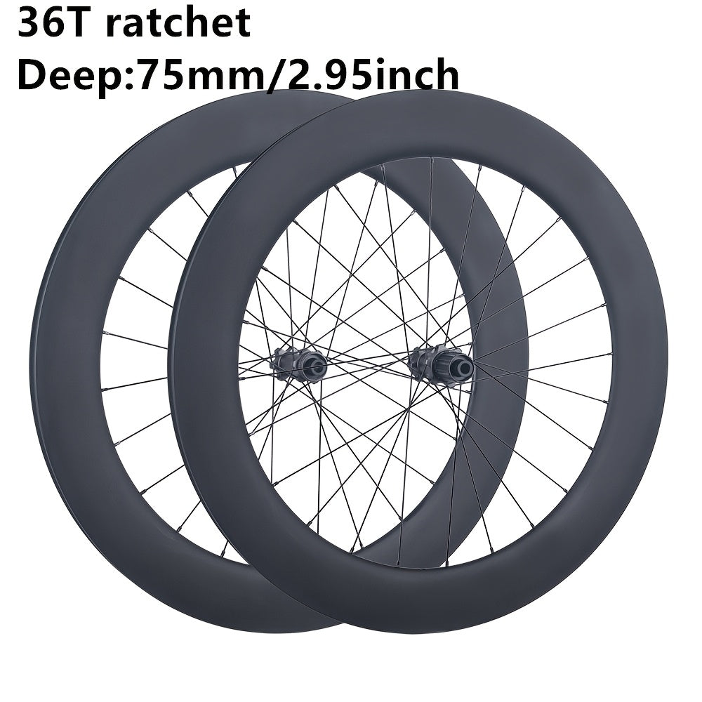 700C for Road T800 Carbon Wheelset 75mm No-Log 36T Ratchet Clincher Tubeless Ready Center Lock Disc Thru-Axle Road Surface with Hooked Edge Gravel Race Class Road Disc Brake Wheel Set
