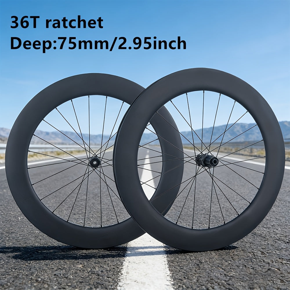 700C for Road T800 Carbon Wheelset 75mm No-Log 36T Ratchet Clincher Tubeless Ready Center Lock Disc Thru-Axle Road Surface with Hooked Edge Gravel Race Class Road Disc Brake Wheel Set