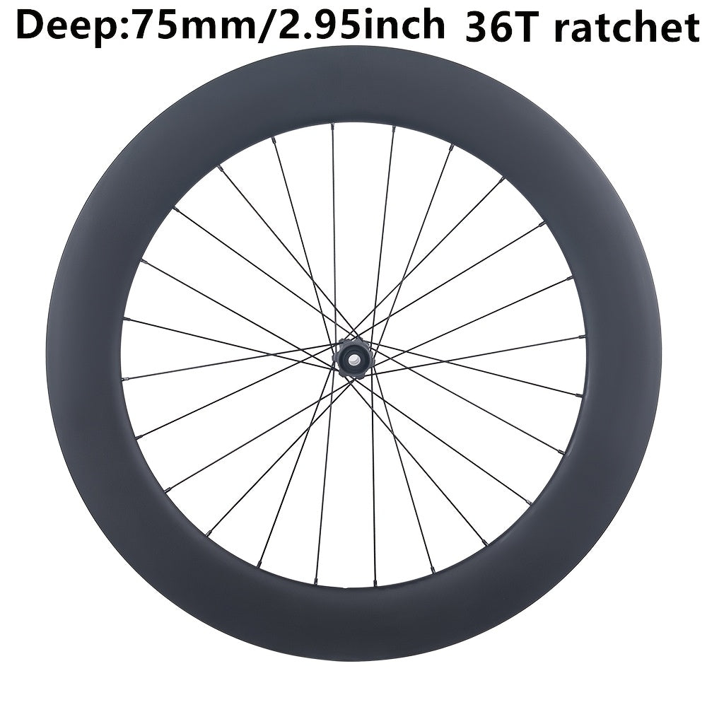 700C for Road T800 Carbon Wheelset 75mm No-Log 36T Ratchet Clincher Tubeless Ready Center Lock Disc Thru-Axle Road Surface with Hooked Edge Gravel Race Class Road Disc Brake Wheel Set
