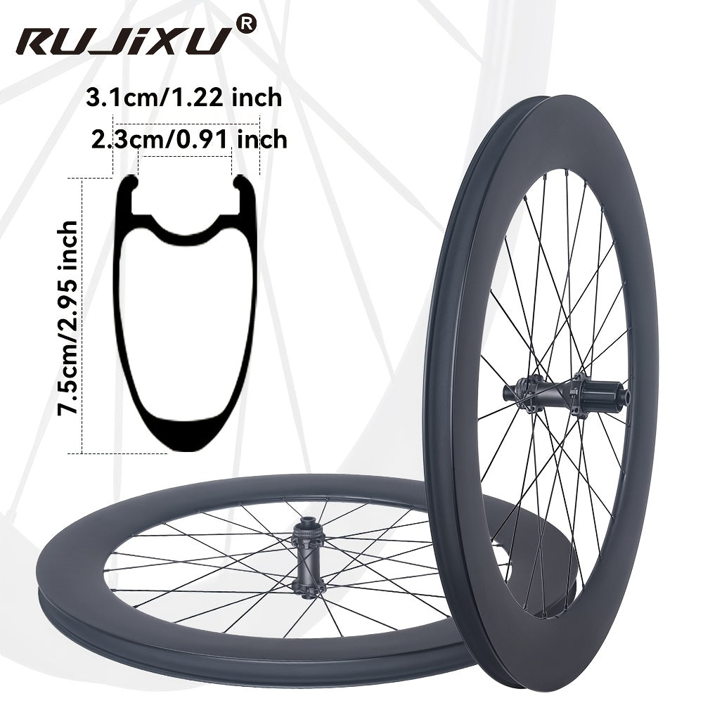 700C for Road T800 Carbon Wheelset 75mm No-Log 36T Ratchet Clincher Tubeless Ready Center Lock Disc Thru-Axle Road Surface with Hooked Edge Gravel Race Class Road Disc Brake Wheel Set