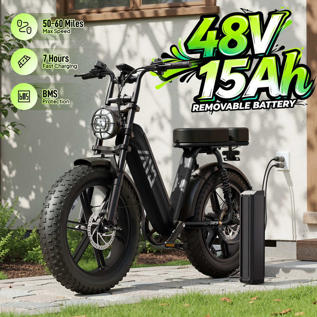 Adult Electric Bike, 749W Peak Motor Ebike with 48V 15Ah Built-In Battery, 60 Miles Range 27.9 MPH Electric Bike, 20" Fat Tire E Bike with 7 Speed