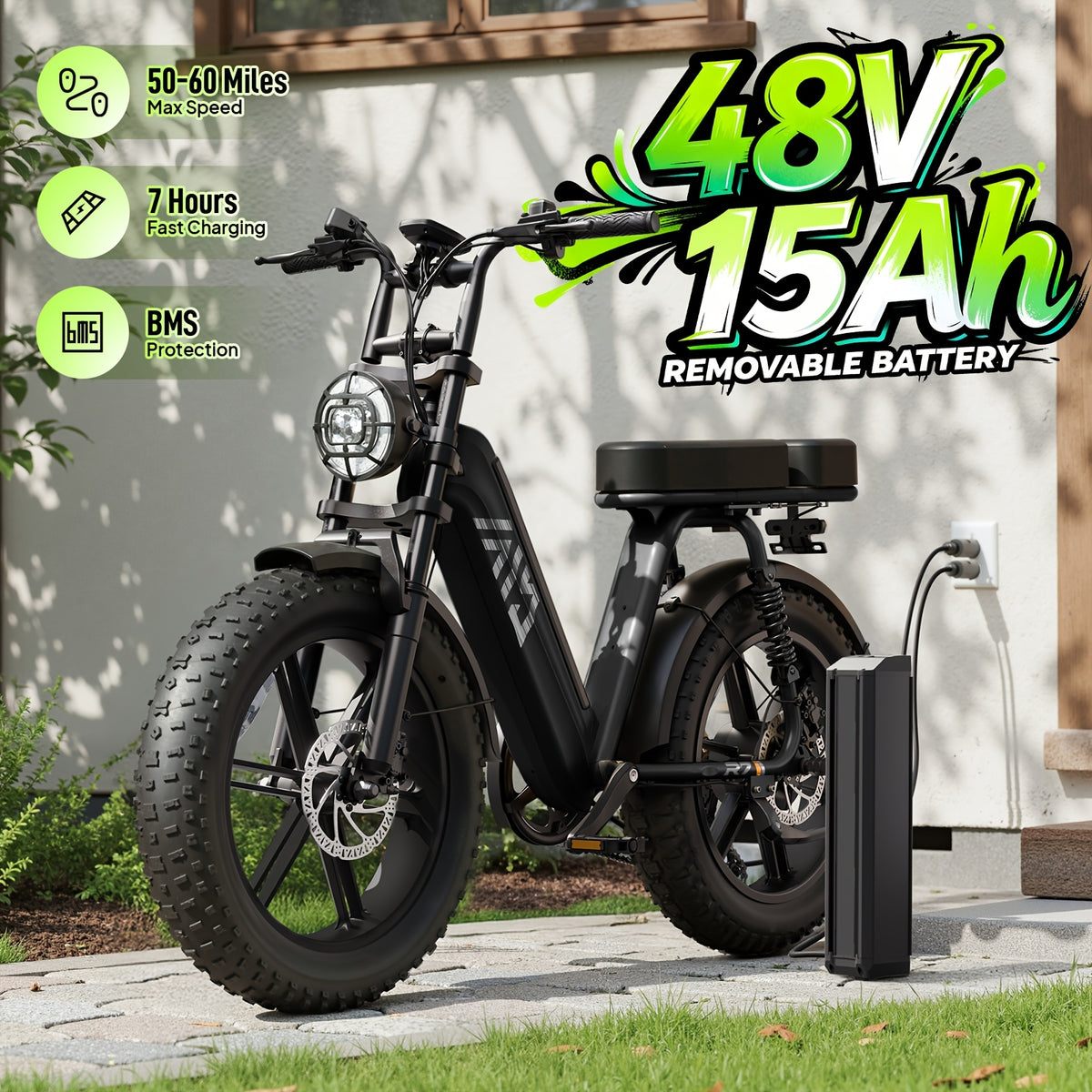 Adult Electric Bike, 749W Peak Motor Ebike with 48V 15Ah Built-In Battery, 60 Miles Range 27.9 MPH Electric Bike, 20" Fat Tire E Bike with 7 Speed