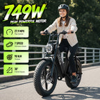 Adult Electric Bike, 749W Peak Motor Ebike with 48V 15Ah Built-In Battery, 60 Miles Range 27.9 MPH Electric Bike, 20" Fat Tire E Bike with 7 Speed