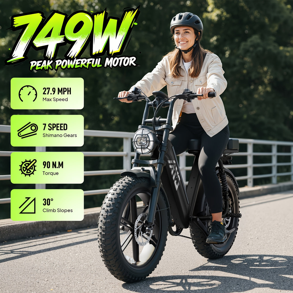Adult Electric Bike, 749W Peak Motor Ebike with 48V 15Ah Built-In Battery, 60 Miles Range 27.9 MPH Electric Bike, 20" Fat Tire E Bike with 7 Speed