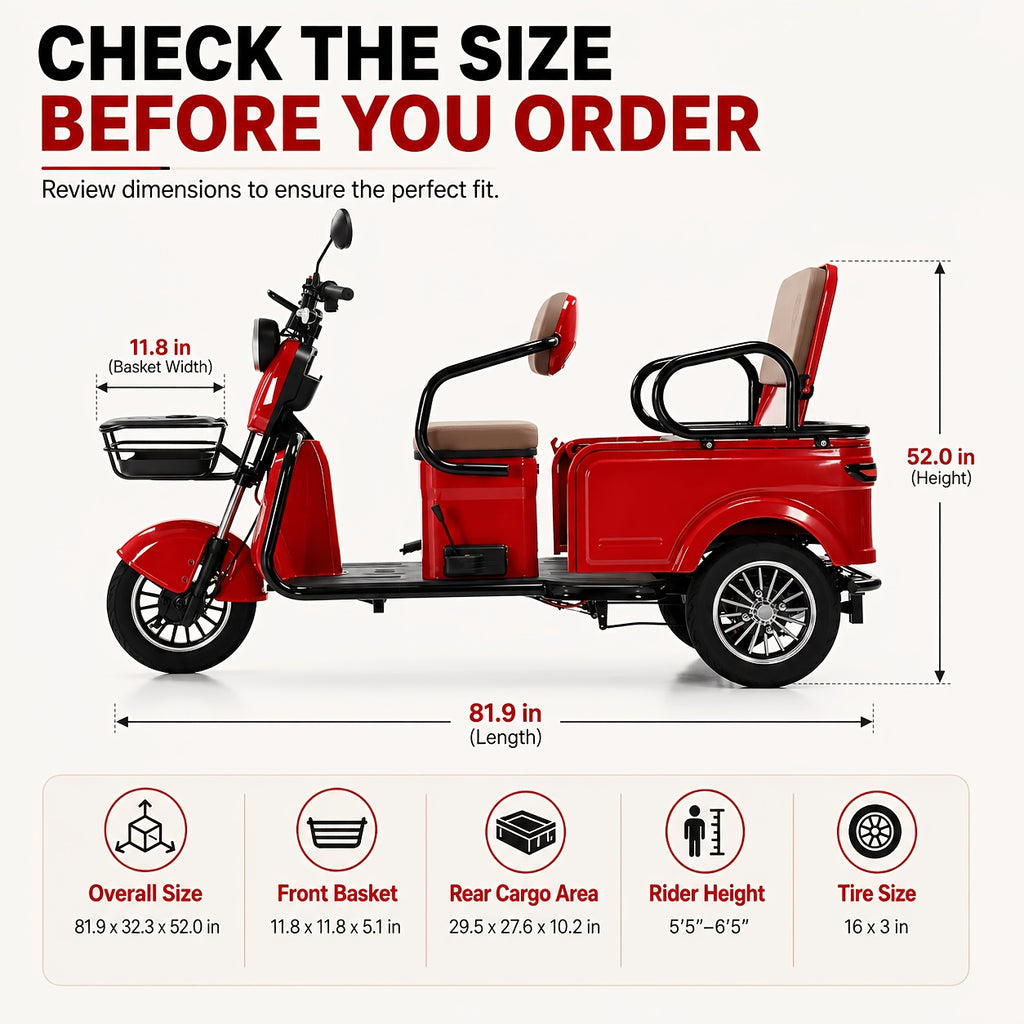 Adult Electric Tricycle Large Frame, Wide Wheelbase, High Load Capacity, Spacious Rear Seat Area, Versatile Two-in-one Design for Passenger Transport And Cargo