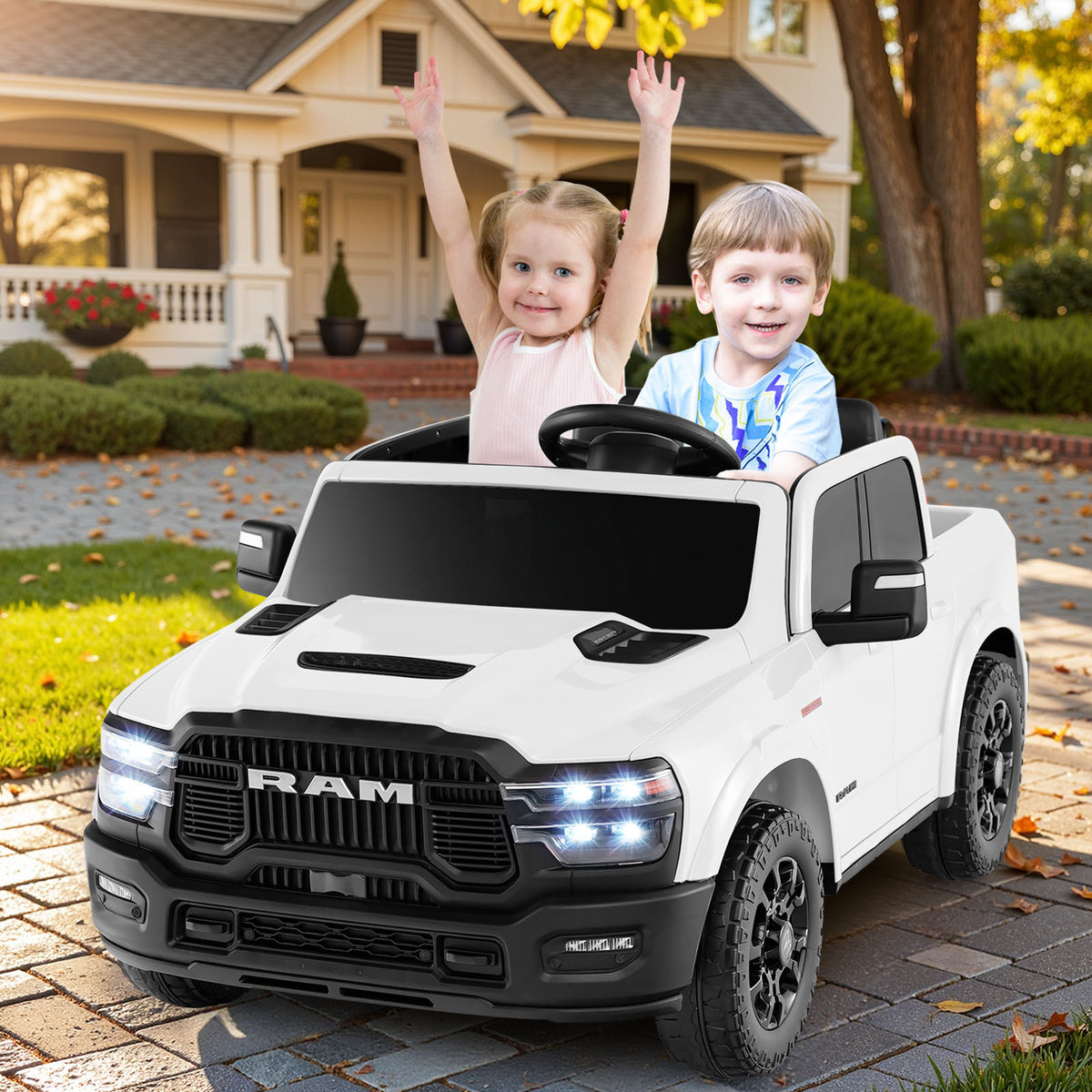 COSTWAY Licensed 2025 Ram 2500 REBEL Ride-On Car Pickup Truck for Kids Suitable for Big &, 2-Seater Remote Car with Parent Remote, Storage, 3-Point Safety Belts, LED Lights, Music, Soft Start & 4-Wheel Suspension