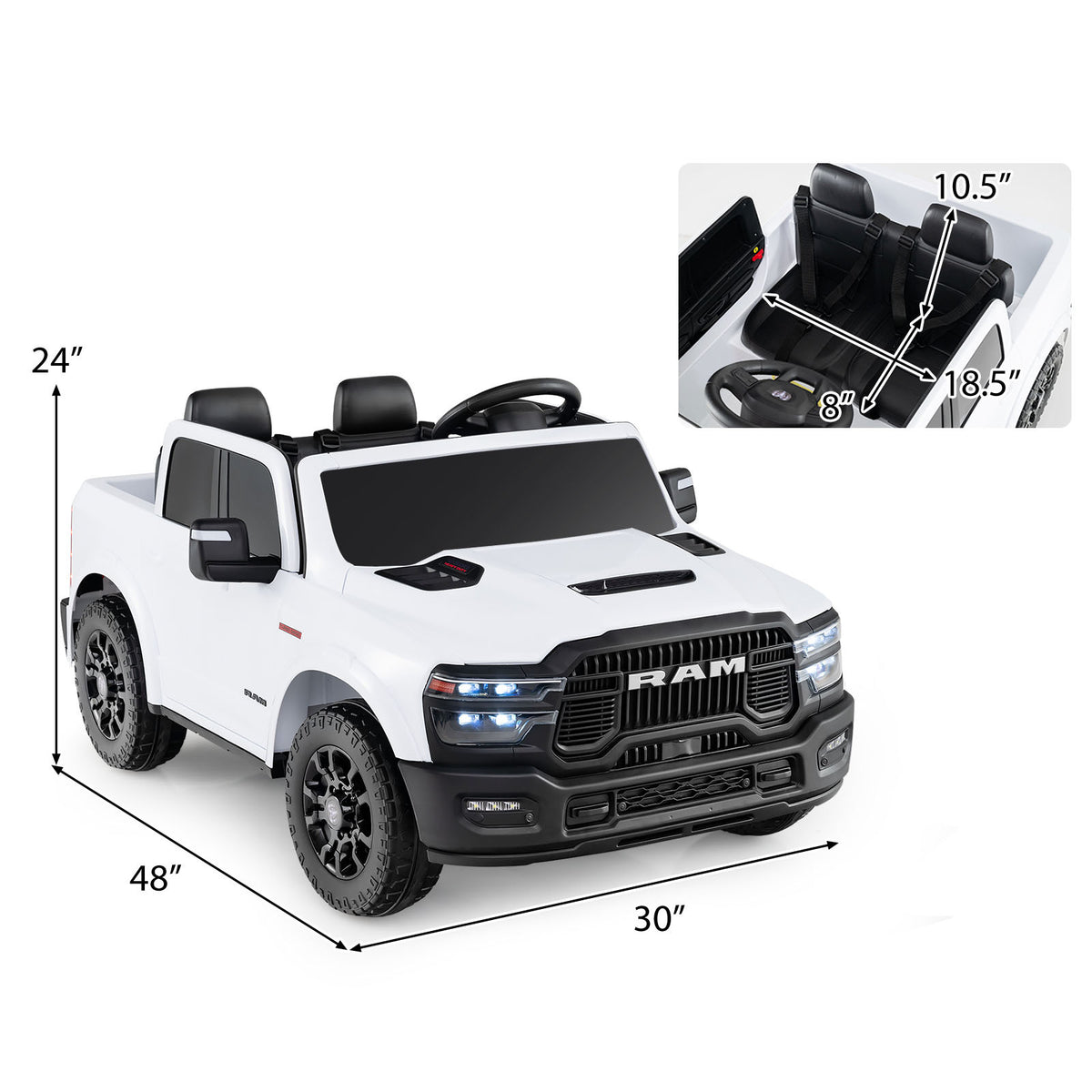 COSTWAY Licensed 2025 Ram 2500 REBEL Ride-On Car Pickup Truck for Kids Suitable for Big &, 2-Seater Remote Car with Parent Remote, Storage, 3-Point Safety Belts, LED Lights, Music, Soft Start & 4-Wheel Suspension