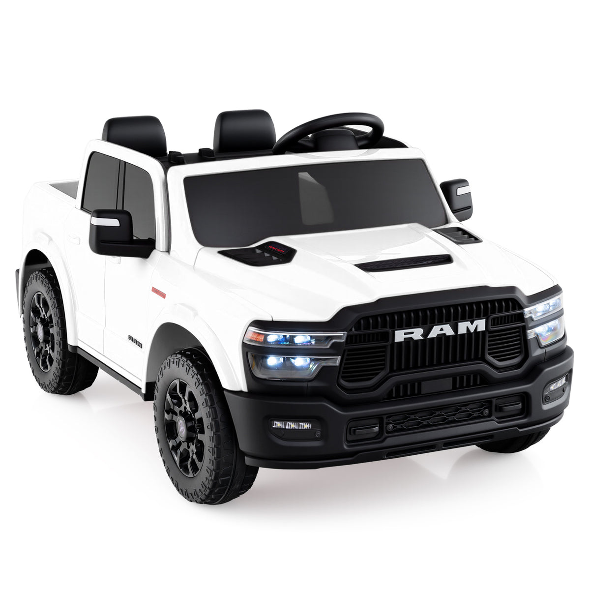 COSTWAY Licensed 2025 Ram 2500 REBEL Ride-On Car Pickup Truck for Kids Suitable for Big &, 2-Seater Remote Car with Parent Remote, Storage, 3-Point Safety Belts, LED Lights, Music, Soft Start & 4-Wheel Suspension