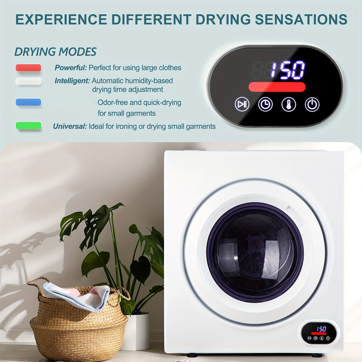 Compact Dryer 1.5/2.65 Cu. Ft. Portable Clothes Dryers with Exhaust Duct with Stainless Steel Liner Four Function Small Dryer Machine, Suitable for Apartments, Dorm, RVs