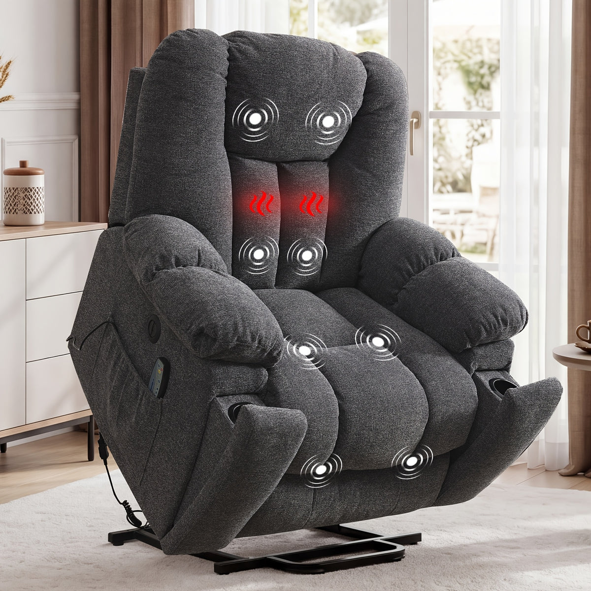 Elderly Power Lift Recliner Chair with Massage & Heat - Oversized Wide Overstuffed Seat, Heavy Duty Safety Reclining Mechanism, USB Ports & 2 Hidden Cup Holders for Game & Recreation Room Furniture