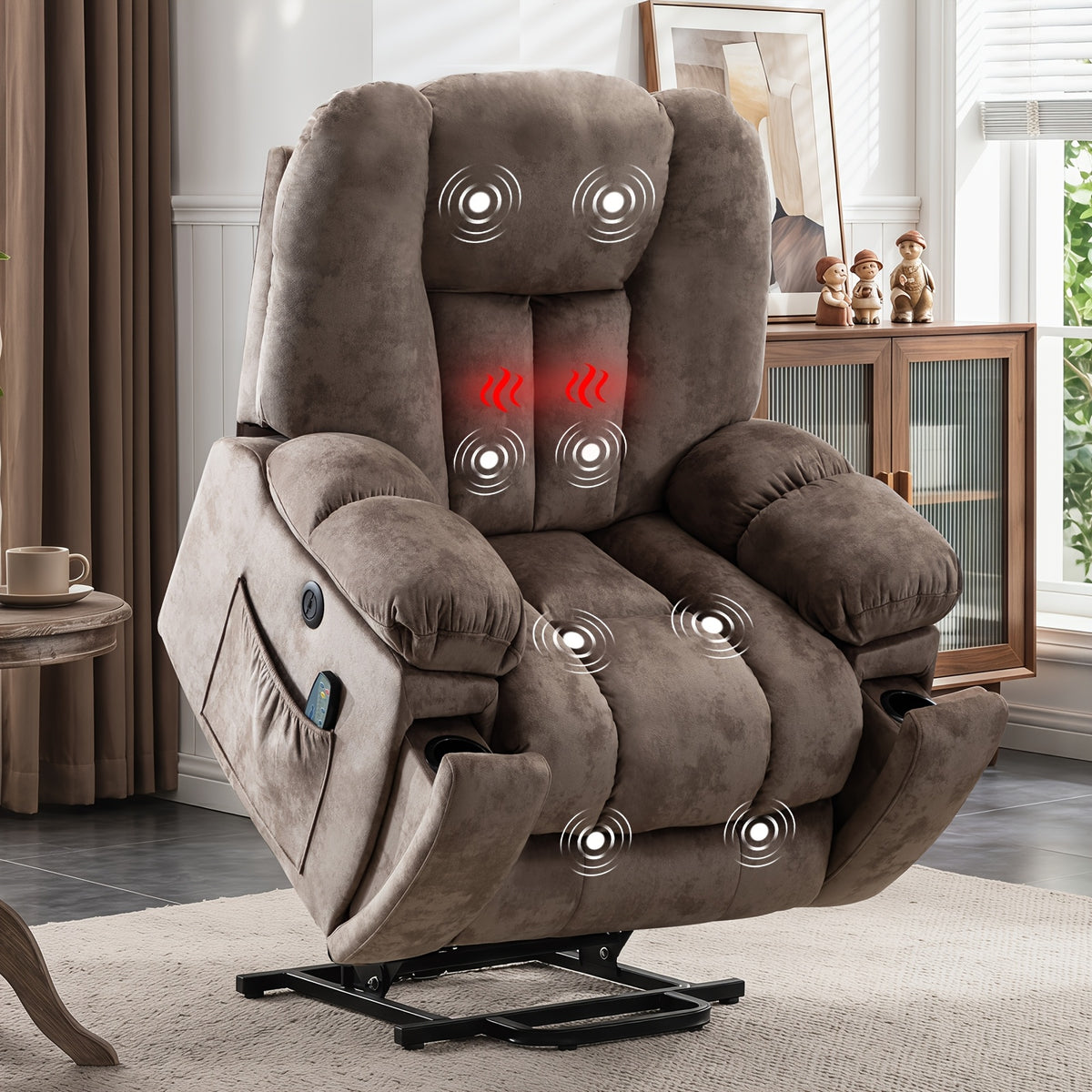 Elderly Power Lift Recliner Chair with Massage & Heat - Oversized Wide Overstuffed Seat, Heavy Duty Safety Reclining Mechanism, USB Ports & 2 Hidden Cup Holders for Game & Recreation Room Furniture