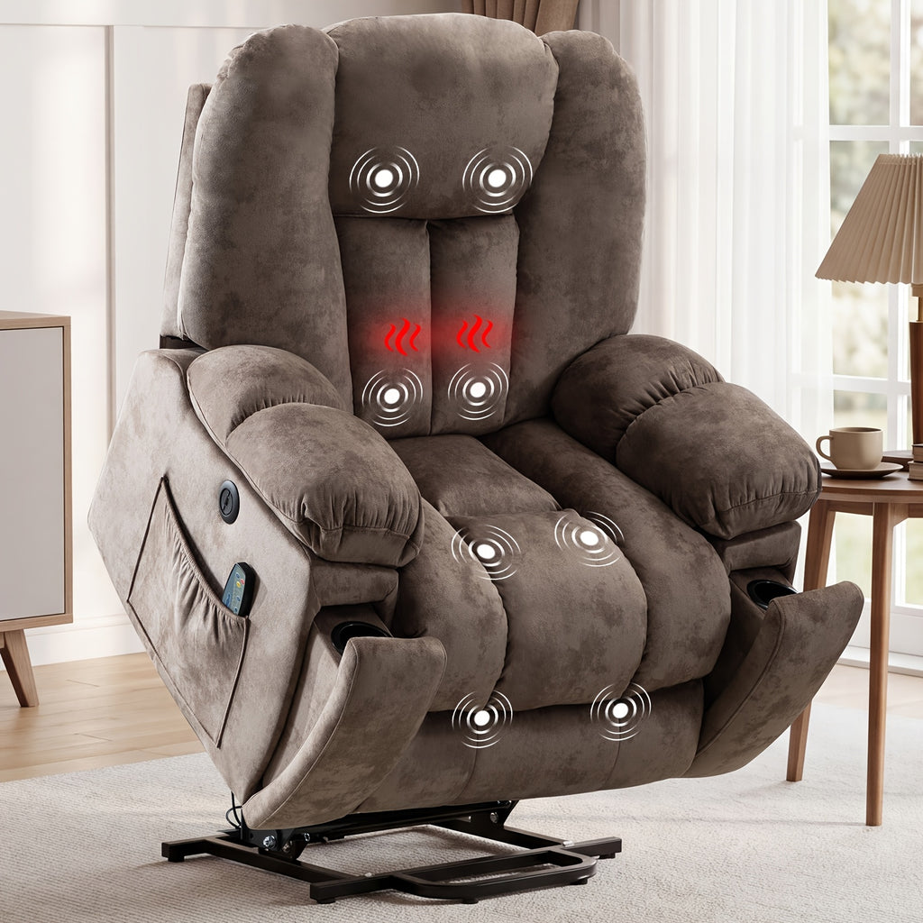 Elderly Power Lift Recliner Chair with Massage & Heat - Oversized Wide Overstuffed Seat, Heavy Duty Safety Reclining Mechanism, USB Ports & 2 Hidden Cup Holders for Game & Recreation Room Furniture