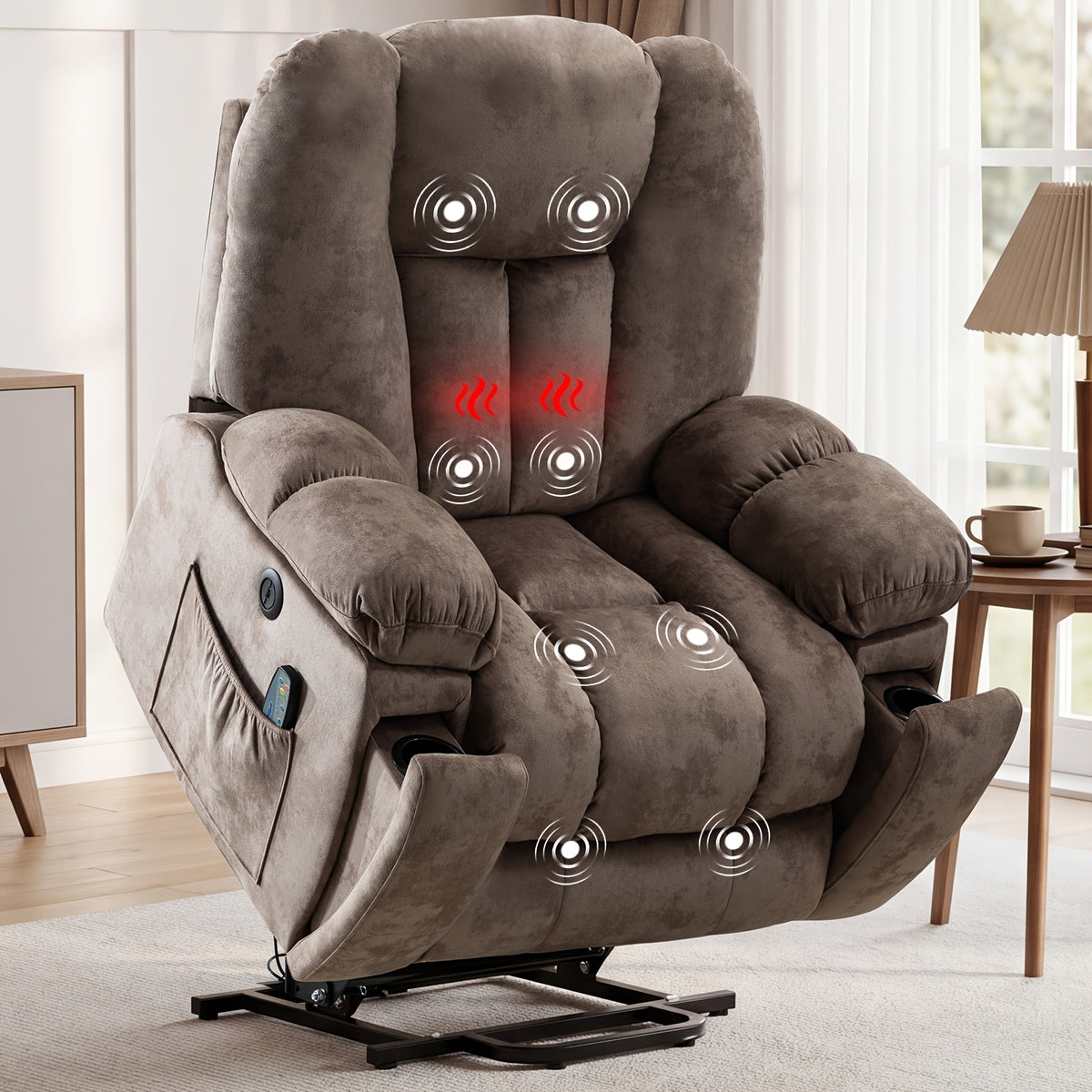 Elderly Power Lift Recliner Chair with Massage & Heat - Oversized Wide Overstuffed Seat, Heavy Duty Safety Reclining Mechanism, USB Ports & 2 Hidden Cup Holders for Game & Recreation Room Furniture
