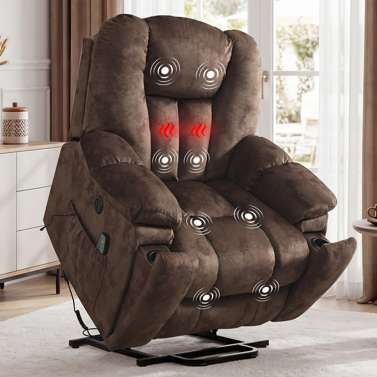 Elderly Power Lift Recliner Chair with Massage & Heat - Oversized Wide Overstuffed Seat, Heavy Duty Safety Reclining Mechanism, USB Ports & 2 Hidden Cup Holders for Game & Recreation Room Furniture