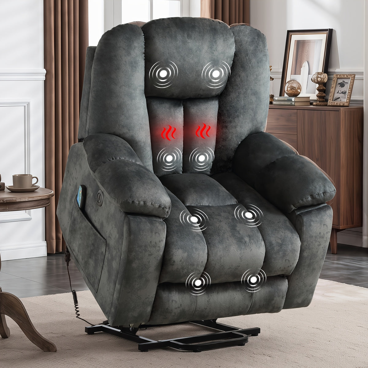 Elderly Power Lift Recliner Chair with Massage & Heat - Oversized Wide Overstuffed Seat, Heavy Duty Safety Reclining Mechanism, USB Ports & 2 Hidden Cup Holders for Game & Recreation Room Furniture