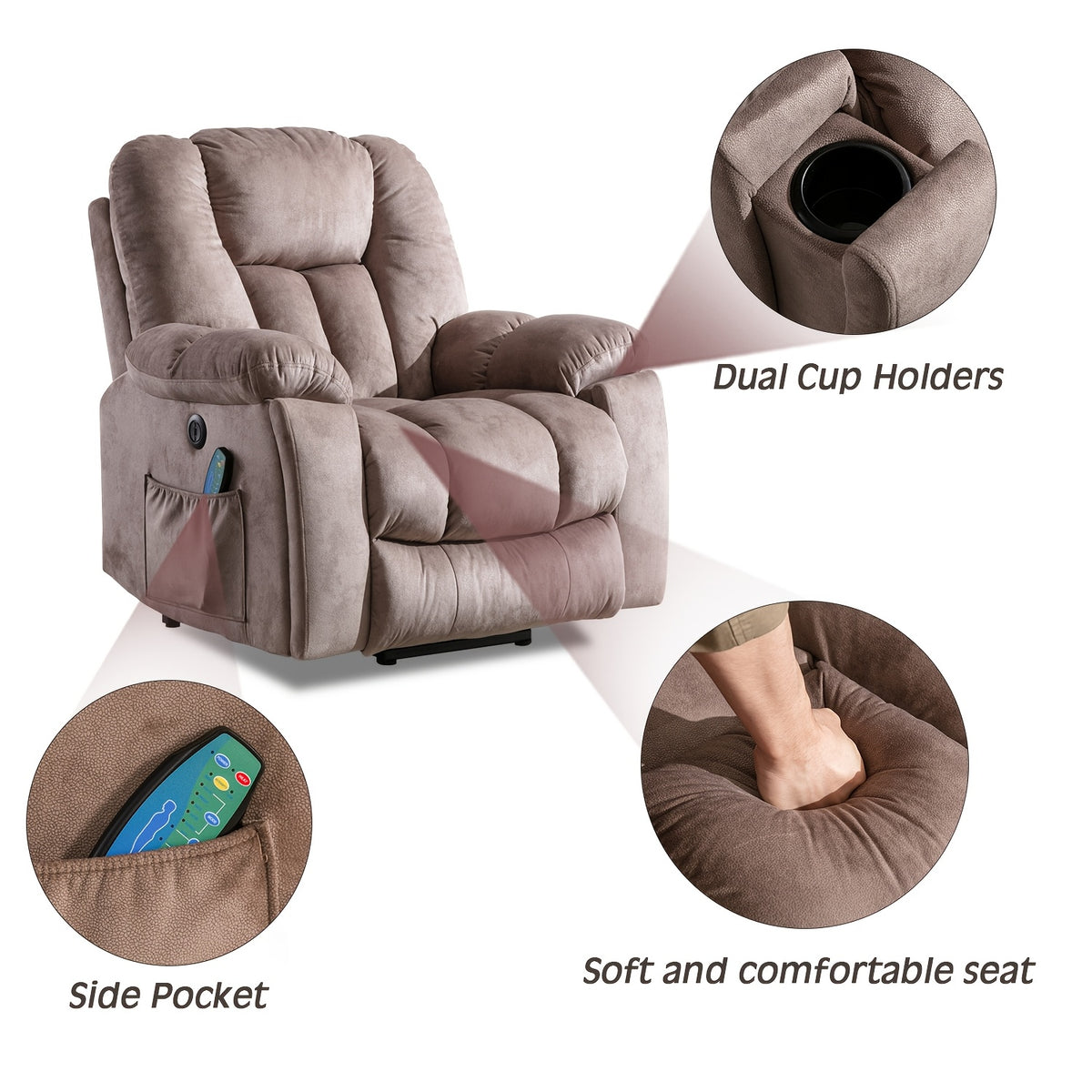 Elderly Power Lift Recliner Chair with Massage & Heat - Oversized Wide Overstuffed Seat, Heavy Duty Safety Reclining Mechanism, USB Ports & 2 Hidden Cup Holders for Game & Recreation Room Furniture