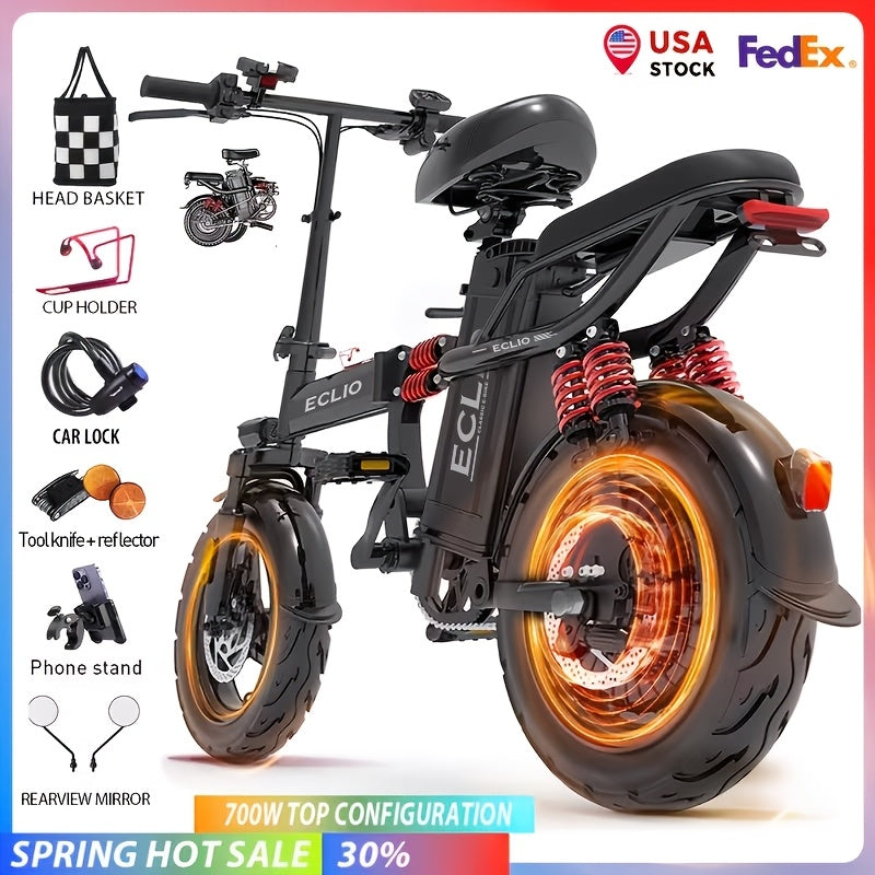 14 -inch Lightweight Electric Bike For Adults, 700W Peak Motor, 48V Lithium Battery, 35 Mile Range, 19 MPH, 25° Climbs, 10 Shock Absorber E-bike, Foldable E-bike For City Commute, 180 LBS, 3 Step Foldable, AlloyFrame, Spring Cycling