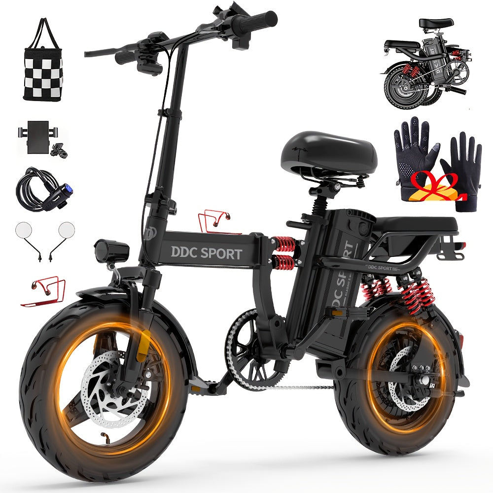 14 -inch Lightweight Electric Bike For Adults, 700W Peak Motor, 48V Lithium Battery, 35 Mile Range, 19 MPH, 25° Climbs, 10 Shock Absorber E-bike, Foldable E-bike For City Commute, 180 LBS, 3 Step Foldable, AlloyFrame, Spring Cycling