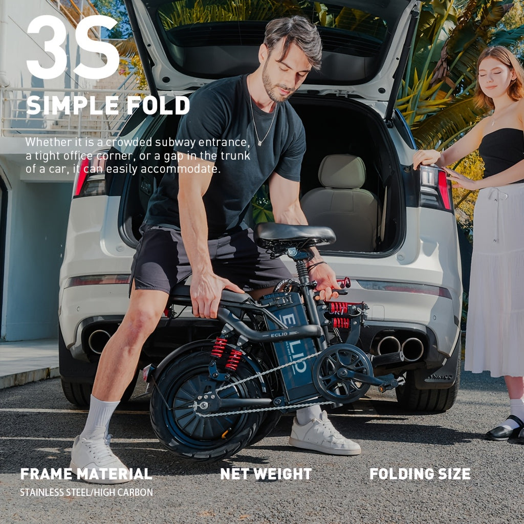 14 -inch Lightweight Electric Bike For Adults, 700W Peak Motor, 48V Lithium Battery, 35 Mile Range, 19 MPH, 25° Climbs, 10 Shock Absorber E-bike, Foldable E-bike For City Commute, 180 LBS, 3 Step Foldable, AlloyFrame, Spring Cycling