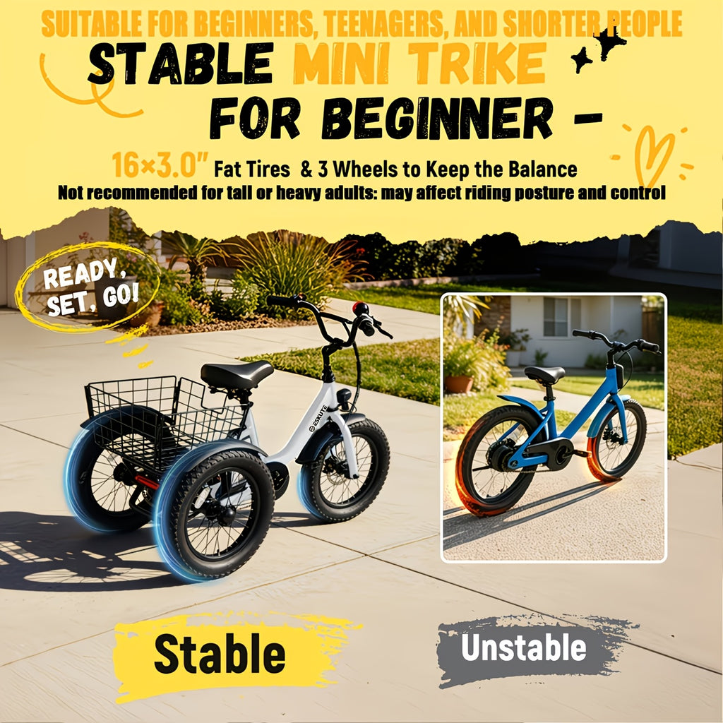 Electric Folding Tricycle for Middle-Aged&Elderly Adults, Low Step-Through Frame, 16 X 3.0 Inch Tires, 15AhRemovable Battery, Adjustable Height Seat with Baskets, for Grocery&Cargo, Fits Riders 3'9" to 5'7"