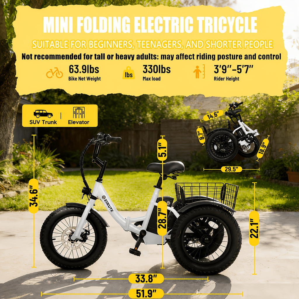 Electric Folding Tricycle for Middle-Aged&Elderly Adults, Low Step-Through Frame, 16 X 3.0 Inch Tires, 15AhRemovable Battery, Adjustable Height Seat with Baskets, for Grocery&Cargo, Fits Riders 3'9" to 5'7"