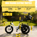 Electric Folding Tricycle for Middle-Aged&Elderly Adults, Low Step-Through Frame, 16 X 3.0 Inch Tires, 15AhRemovable Battery, Adjustable Height Seat with Baskets, for Grocery&Cargo, Fits Riders 3'9" to 5'7"