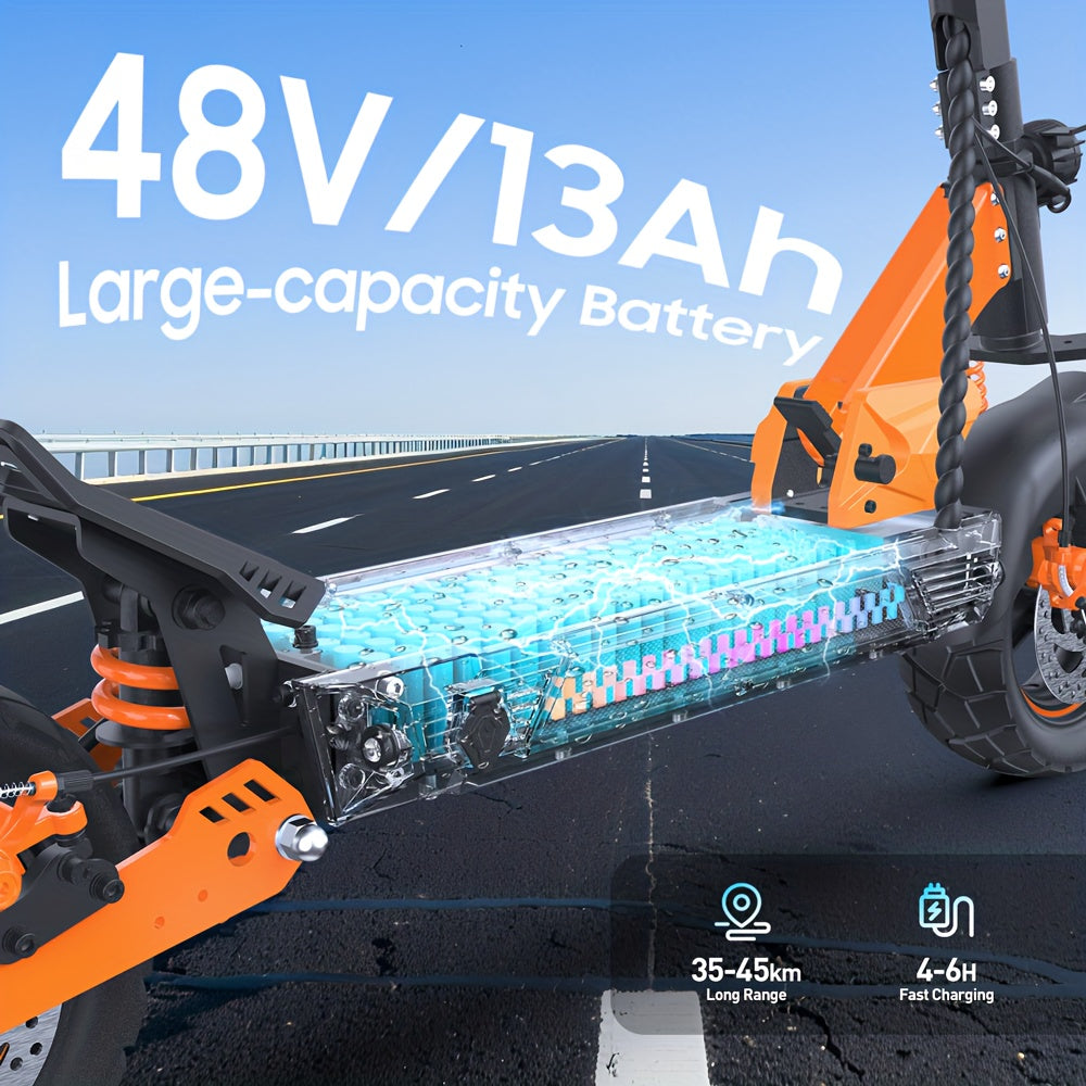 Electric Scooter 48V 13AH Battery 35-45Km Range 10-Inch All-Terrain Tires E-Scooter Portable E Scooter W/Suspension for Commute, Dual Brakes, APP, Cruise Control, Foldable E Scooters