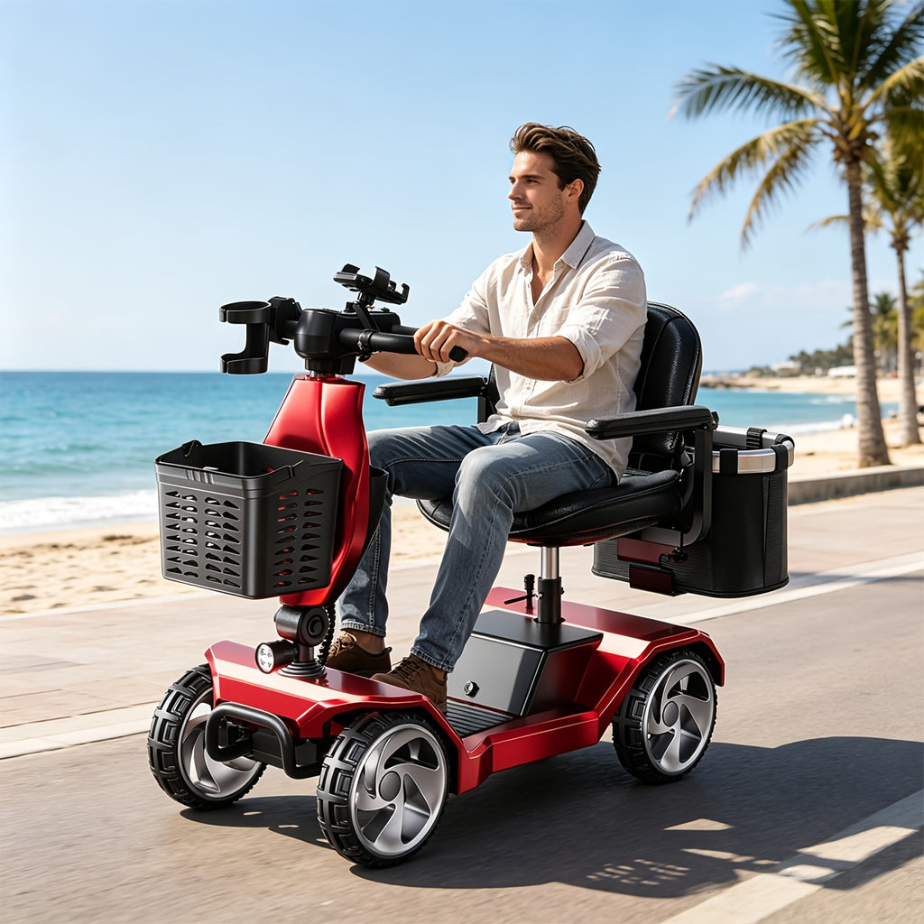 Foldable Electric Scooter 4-Wheel-15+ Mile Range, 300 Lbs Load, Dual Suspension, Front Brake, Removable Basket with Cup Holder, Phone Stand & Rear Basket -Ideal for Travel, Adults, Seniors