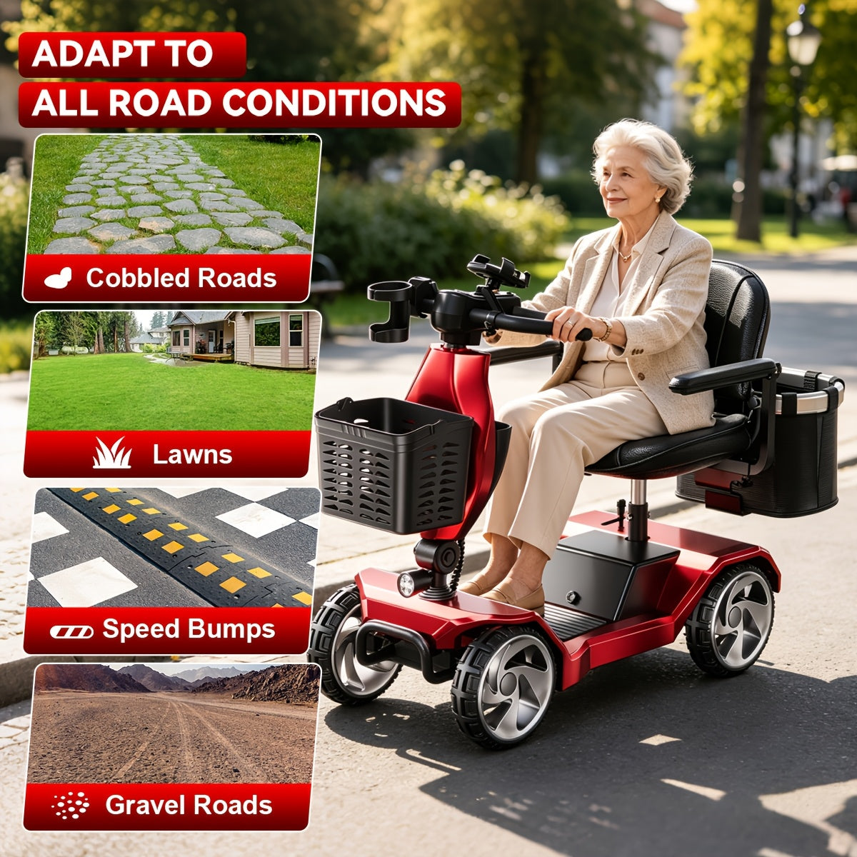 Foldable Electric Scooter 4-Wheel-15+ Mile Range, 300 Lbs Load, Dual Suspension, Front Brake, Removable Basket with Cup Holder, Phone Stand & Rear Basket -Ideal for Travel, Adults, Seniors