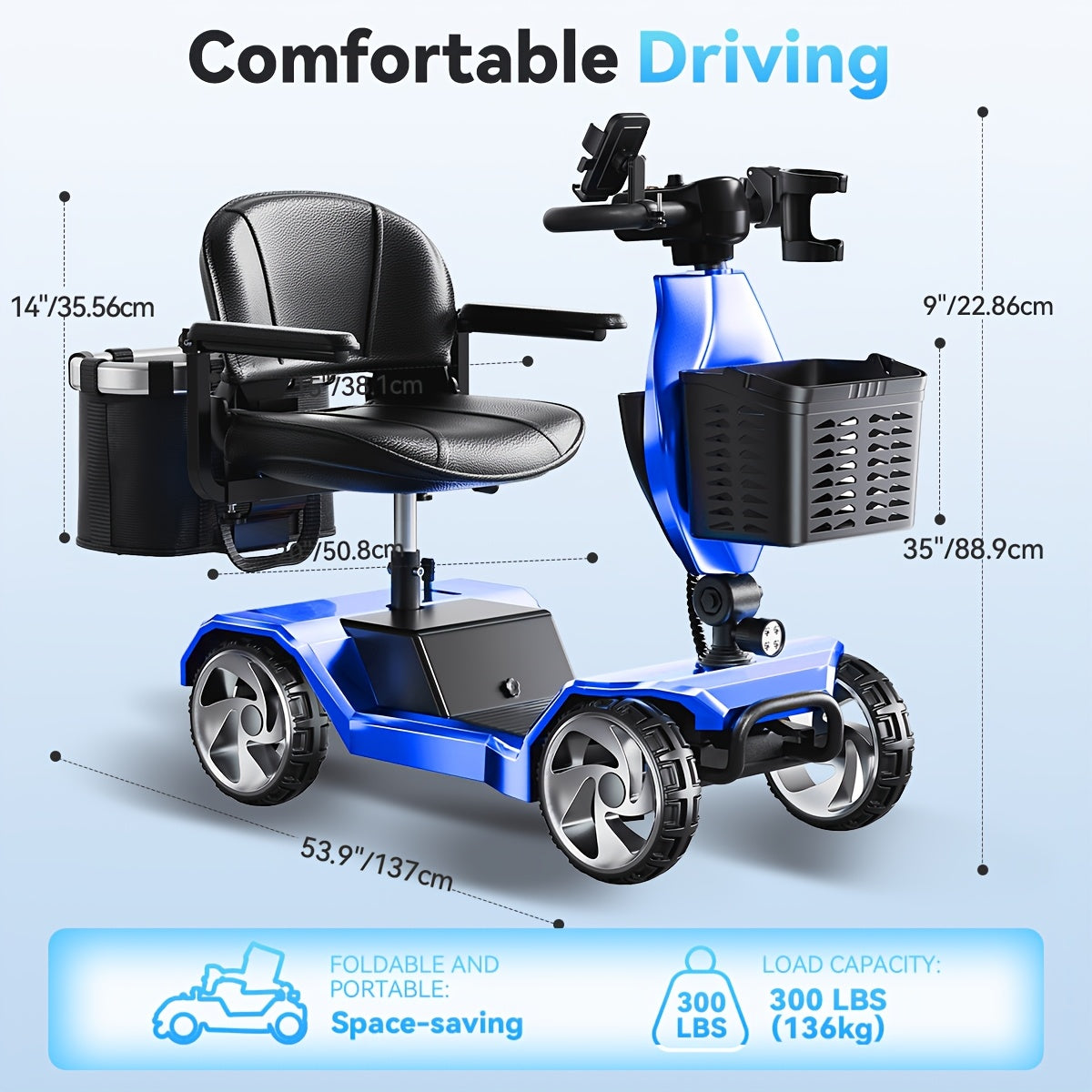 Foldable Electric Scooter 4-Wheel-15+ Mile Range, 300 Lbs Load, Dual Suspension, Front Brake, Removable Basket with Cup Holder, Phone Stand & Rear Basket -Ideal for Travel, Adults, Seniors