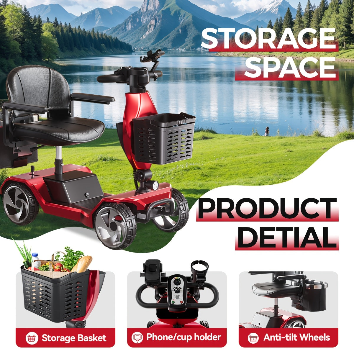Foldable Electric Scooter 4-Wheel-15+ Mile Range, 300 Lbs Load, Dual Suspension, Front Brake, Removable Basket with Cup Holder, Phone Stand & Rear Basket -Ideal for Travel, Adults, Seniors
