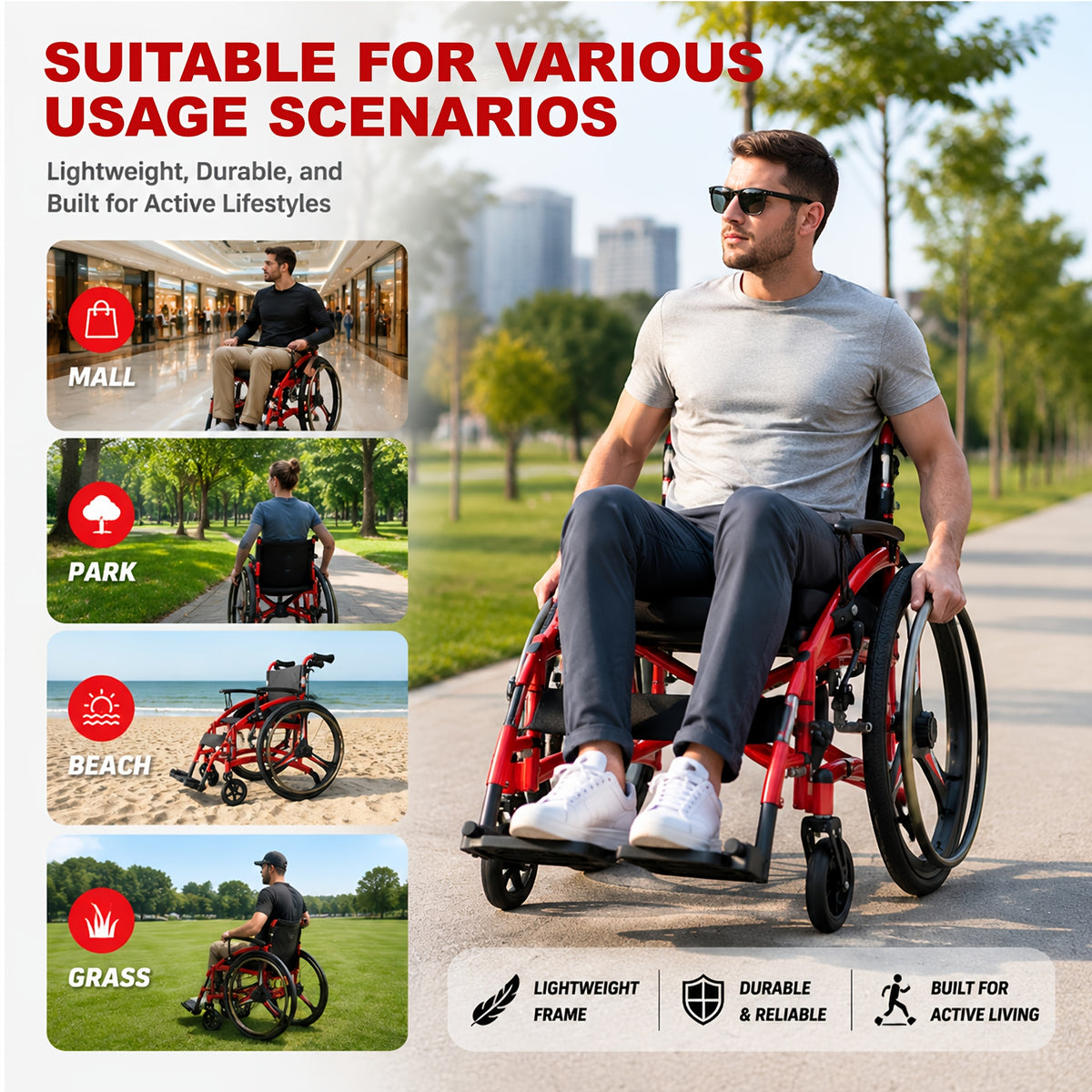 Lightweight Sports Wheelchair for Adults, Foldable All-Terrain Wheelchair, 33 Lbs, 18" Wide Seat, Compact Travel Manual Wheelchair, 24" Rear Wheels, 220Lb Capacity, Folding Self-Propelled Wheelchair