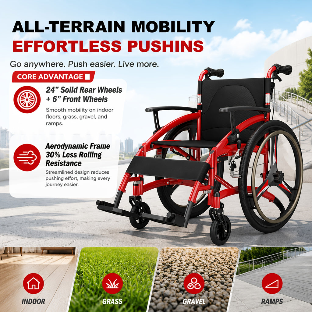 Lightweight Sports Wheelchair for Adults, Foldable All-Terrain Wheelchair, 33 Lbs, 18" Wide Seat, Compact Travel Manual Wheelchair, 24" Rear Wheels, 220Lb Capacity, Folding Self-Propelled Wheelchair