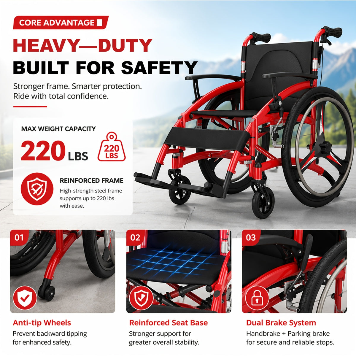 Lightweight Sports Wheelchair for Adults, Foldable All-Terrain Wheelchair, 33 Lbs, 18" Wide Seat, Compact Travel Manual Wheelchair, 24" Rear Wheels, 220Lb Capacity, Folding Self-Propelled Wheelchair