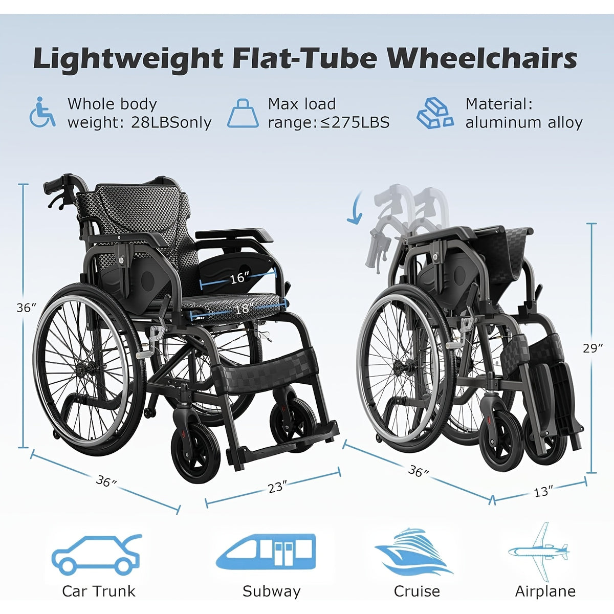 Lightweight Wheelchairs for Adults Foldable, 18" W Self-Propelled Wheelchair, Manual Wheel Chair with Adjustable Armrest, Dual Locking Brakes & Cushion, 275 Lbs Capacity, Gray