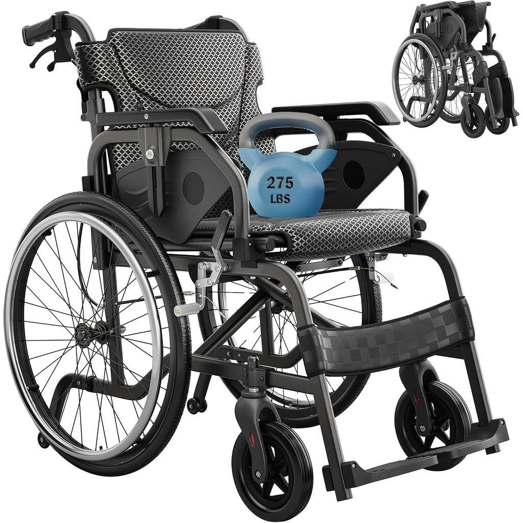 Lightweight Wheelchairs for Adults Foldable, 18" W Self-Propelled Wheelchair, Manual Wheel Chair with Adjustable Armrest, Dual Locking Brakes & Cushion, 275 Lbs Capacity, Gray
