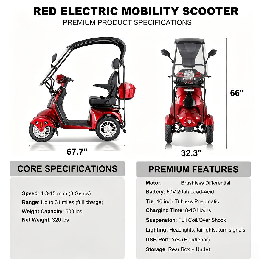 Mobility Scooters for Seniors and Adults, Powered Mobility Scooters with Multiple Storage Space, Recreational Electric Mobility Scooter, Full LED Lighting