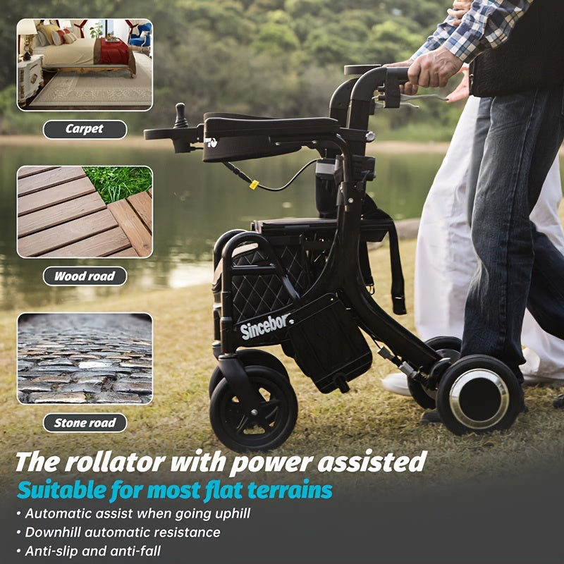 Multifunction Electric Rollator Walker with Seat, E-pushing Transport Wheelchair for Seniors, Lightweight Wheelchair Walker Combo, Foldable Design, IPX4, Regular Style