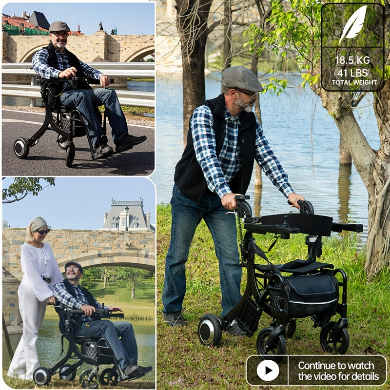 Multifunction Electric Rollator Walker with Seat, E-pushing Transport Wheelchair for Seniors, Lightweight Wheelchair Walker Combo, Foldable Design, IPX4, Regular Style