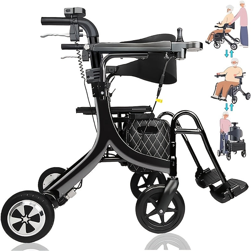 Multifunction Electric Rollator Walker with Seat, E-pushing Transport Wheelchair for Seniors, Lightweight Wheelchair Walker Combo, Foldable Design, IPX4, Regular Style