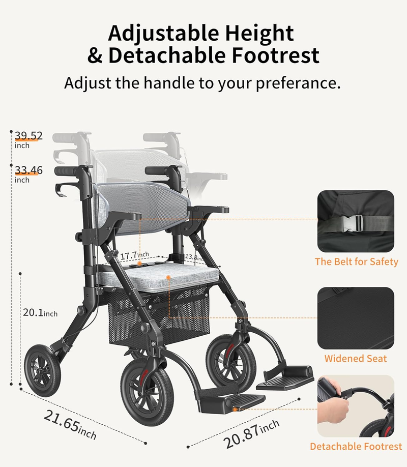 Rollator Walkers for Seniors with Seat, Walker Wheelchair Combo