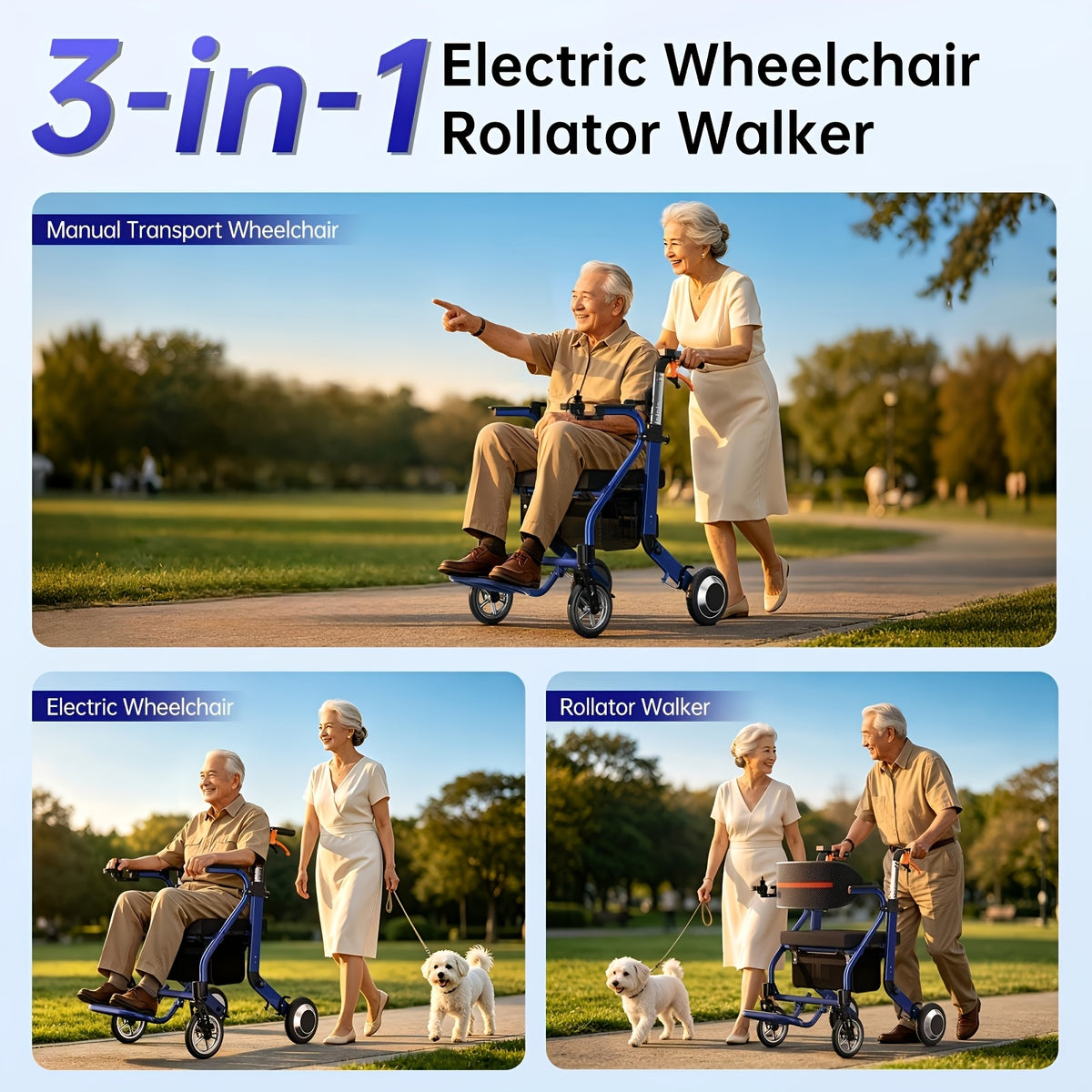 Three-in-one 19-mile Long-range Adult Electric Wheelchair, Walker, And Shopping Cart Combo. The Lightweight Vehicle Weighs 33 Pounds, Supports 275 Pounds, Folds And Unfolds In One Step To Fit In The Trunk. The Seat Cushion Is 1.97inch Thick