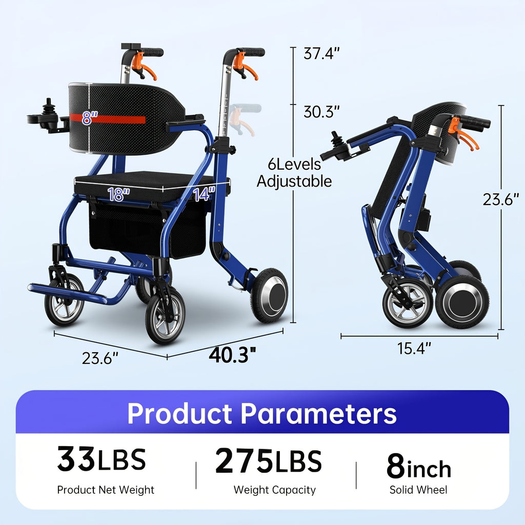 Three-in-one 19-mile Long-range Adult Electric Wheelchair, Walker, And Shopping Cart Combo. The Lightweight Vehicle Weighs 33 Pounds, Supports 275 Pounds, Folds And Unfolds In One Step To Fit In The Trunk. The Seat Cushion Is 1.97inch Thick
