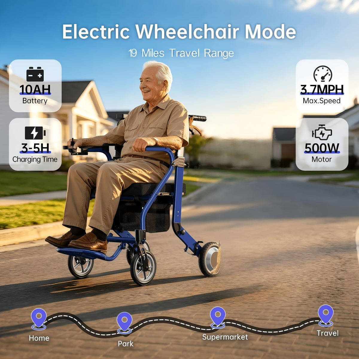 Three-in-one 19-mile Long-range Adult Electric Wheelchair, Walker, And Shopping Cart Combo. The Lightweight Vehicle Weighs 33 Pounds, Supports 275 Pounds, Folds And Unfolds In One Step To Fit In The Trunk. The Seat Cushion Is 1.97inch Thick